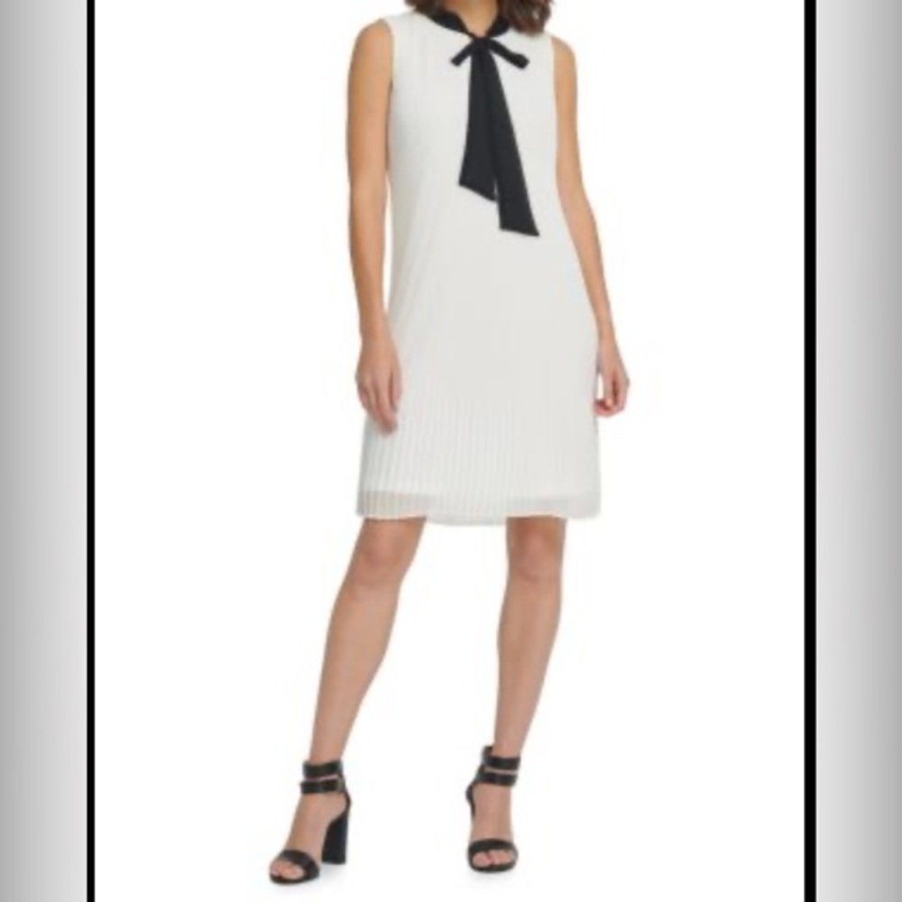 DKNY White Pleated Dress with Black Tie- 10 white , polyester Saks